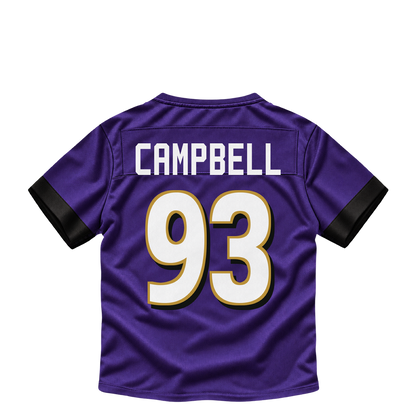 Baltimore Ravens jersey keychain — Calais Campbell #93. Exact saved player artwork preview.