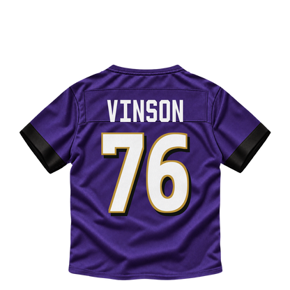 Baltimore Ravens jersey keychain — Carson Vinson #76. Exact saved player artwork preview.