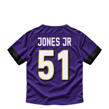 Baltimore Ravens jersey keychain — Emery Jones Jr. #51. Exact saved player artwork preview.