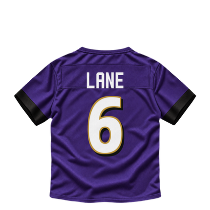 Baltimore Ravens jersey keychain — Ja'Kobi Lane #6. Exact saved player artwork preview.