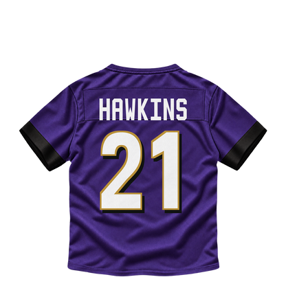 Baltimore Ravens jersey keychain — Jaylinn Hawkins #21. Exact saved player artwork preview.
