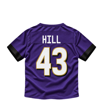 Baltimore Ravens jersey keychain — Justice Hill #43. Exact saved player artwork preview.