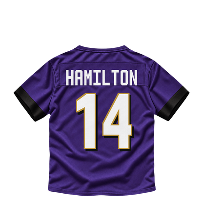 Baltimore Ravens jersey keychain — Kyle Hamilton #14. Exact saved player artwork preview.