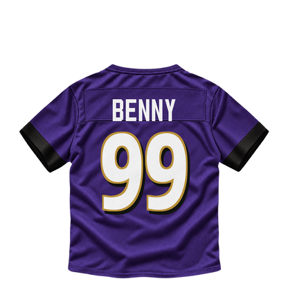 Baltimore Ravens jersey keychain — Rayshaun Benny #99. Exact saved player artwork preview.