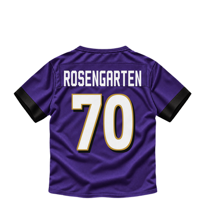 Baltimore Ravens jersey keychain — Roger Rosengarten #70. Exact saved player artwork preview.
