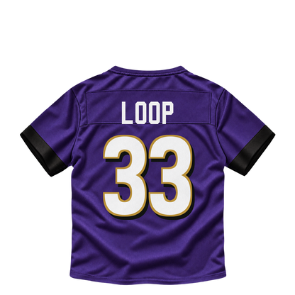 Baltimore Ravens jersey keychain — Tyler Loop #33. Exact saved player artwork preview.