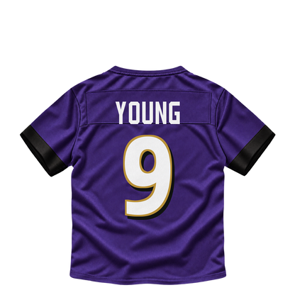 Baltimore Ravens jersey keychain — Zion Young #9. Exact saved player artwork preview.
