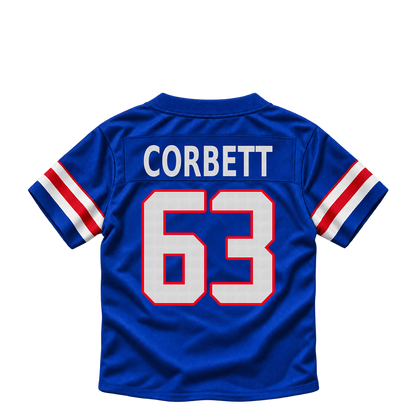 Buffalo Bills jersey keychain — Austin Corbett #63. Exact saved player artwork preview.