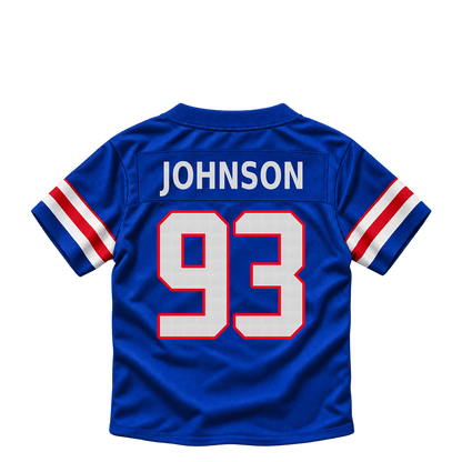 Buffalo Bills jersey keychain — Austin Johnson #93. Exact saved player artwork preview.
