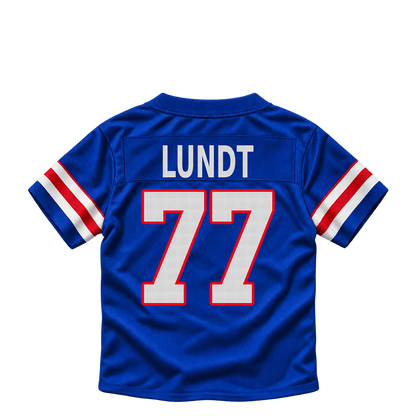 Buffalo Bills jersey keychain — Chase Lundt #77. Exact saved player artwork preview.