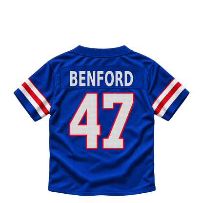 Buffalo Bills jersey keychain — Christian Benford #47. Exact saved player artwork preview.