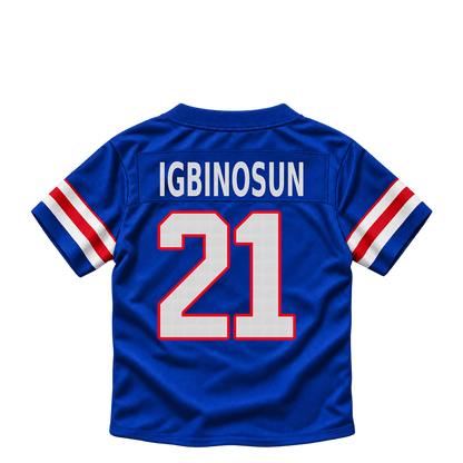 Buffalo Bills jersey keychain — Davison Igbinosun #21. Exact saved player artwork preview.