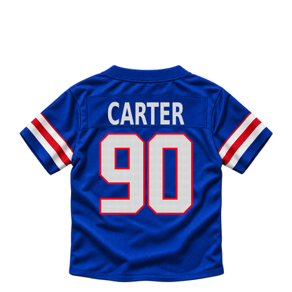 Buffalo Bills jersey keychain — DeWayne Carter #90. Exact saved player artwork preview.