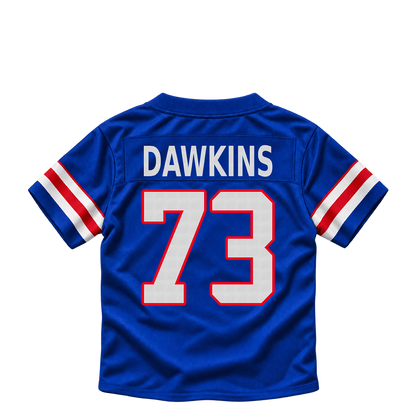 Buffalo Bills jersey keychain — Dion Dawkins #73. Exact saved player artwork preview.