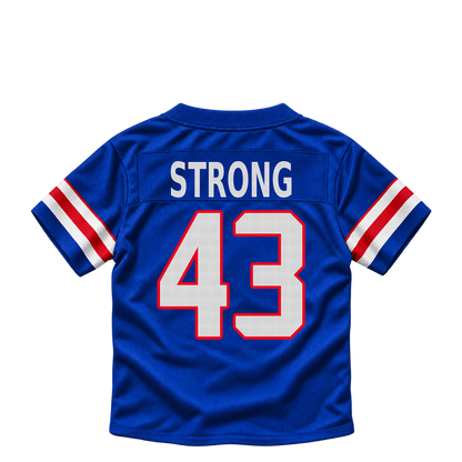 Buffalo Bills jersey keychain — Dorian Strong #43. Exact saved player artwork preview.