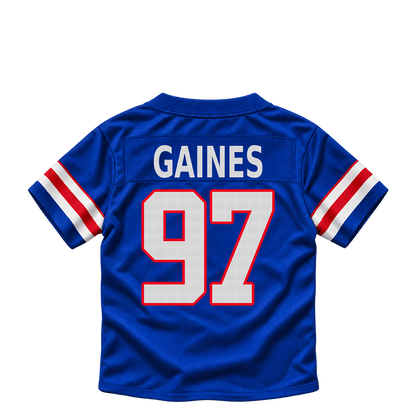 Buffalo Bills jersey keychain — Greg Gaines #97. Exact saved player artwork preview.