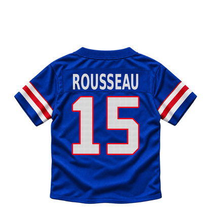 Buffalo Bills jersey keychain — Greg Rousseau #15. Exact saved player artwork preview.