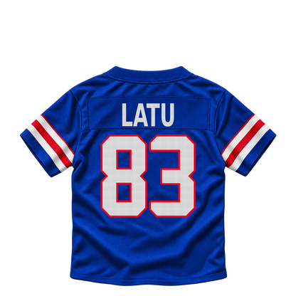 Buffalo Bills jersey keychain — Keleki Latu #83. Exact saved player artwork preview.