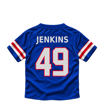 Buffalo Bills jersey keychain — Keonta Jenkins #49. Exact saved player artwork preview.