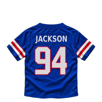 Buffalo Bills jersey keychain — Landon Jackson #94. Exact saved player artwork preview.