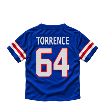 Buffalo Bills jersey keychain — O'Cyrus Torrence #64. Exact saved player artwork preview.