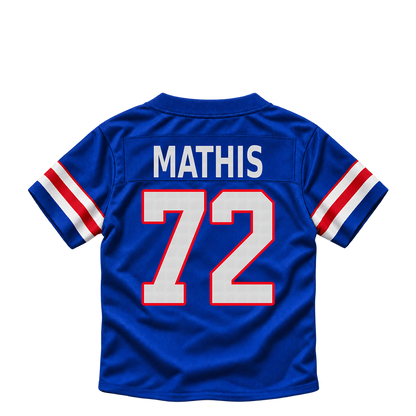 Buffalo Bills jersey keychain — Phidarian Mathis #72. Exact saved player artwork preview.