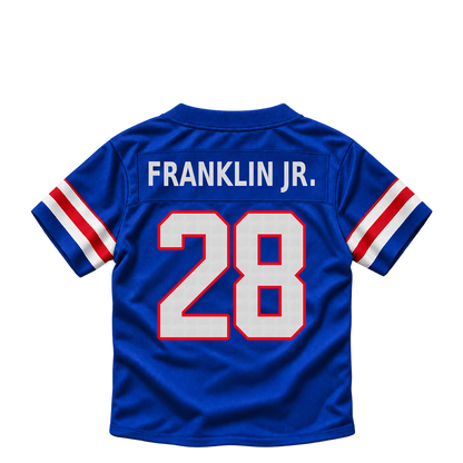 Buffalo Bills jersey keychain — Sam Franklin Jr. #28. Exact saved player artwork preview.