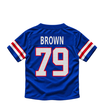 Buffalo Bills jersey keychain — Spencer Brown #79. Exact saved player artwork preview.