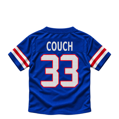 Buffalo Bills jersey keychain — Te'Cory Couch #33. Exact saved player artwork preview.