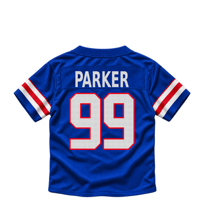 Buffalo Bills jersey keychain — TJ Parker #99. Exact saved player artwork preview.