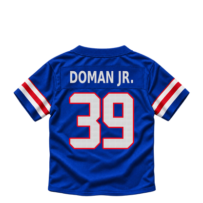 Buffalo Bills jersey keychain — Tommy Doman Jr. #39. Exact saved player artwork preview.