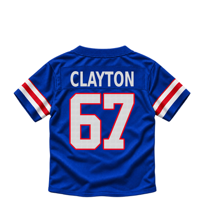 Buffalo Bills jersey keychain — Travis Clayton #67. Exact saved player artwork preview.