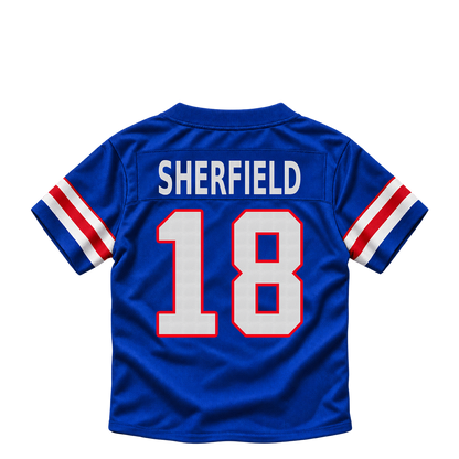 Buffalo Bills jersey keychain — Trent Sherfield #18. Exact saved player artwork preview.