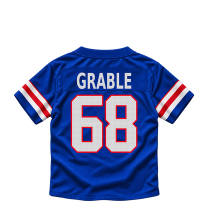 Buffalo Bills jersey keychain — Tylan Grable #68. Exact saved player artwork preview.