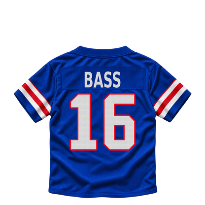 Buffalo Bills jersey keychain — Tyler Bass #16. Exact saved player artwork preview.