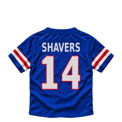 Buffalo Bills jersey keychain — Tyrell Shavers #14. Exact saved player artwork preview.