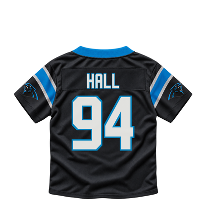 Carolina Panthers jersey keychain — Aaron Hall #94. Exact saved player artwork preview.