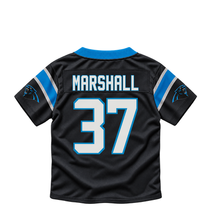 Carolina Panthers jersey keychain — Ahmani Marshall #37. Exact saved player artwork preview.