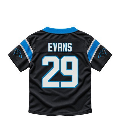 Carolina Panthers jersey keychain — Akayleb Evans #29. Exact saved player artwork preview.