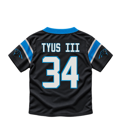 Carolina Panthers jersey keychain — Anthony Tyus III #34. Exact saved player artwork preview.