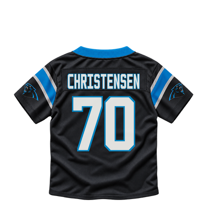 Carolina Panthers jersey keychain — Brady Christensen #70. Exact saved player artwork preview.