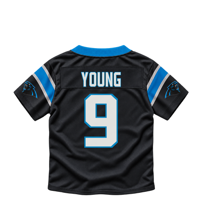 Carolina Panthers jersey keychain — Bryce Young #9. Exact saved player artwork preview.