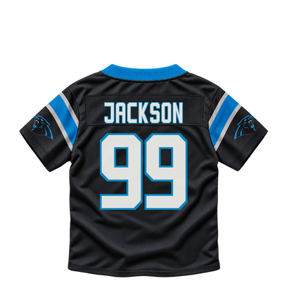 Carolina Panthers jersey keychain — Cam Jackson #99. Exact saved player artwork preview.