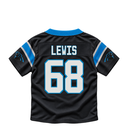 Carolina Panthers jersey keychain — Damien Lewis #68. Exact saved player artwork preview.
