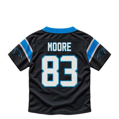 Carolina Panthers jersey keychain — David Moore #83. Exact saved player artwork preview.