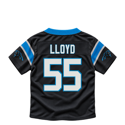 Carolina Panthers jersey keychain — Devin Lloyd #55. Exact saved player artwork preview.