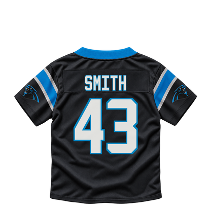 Carolina Panthers jersey keychain — DeVonta Smith #43. Exact saved player artwork preview.