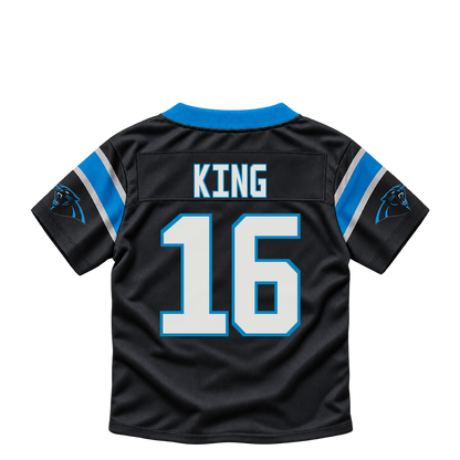 Carolina Panthers jersey keychain — Haynes King #16. Exact saved player artwork preview.