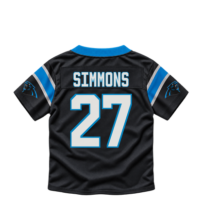 Carolina Panthers jersey keychain — Isaiah Simmons #27. Exact saved player artwork preview.