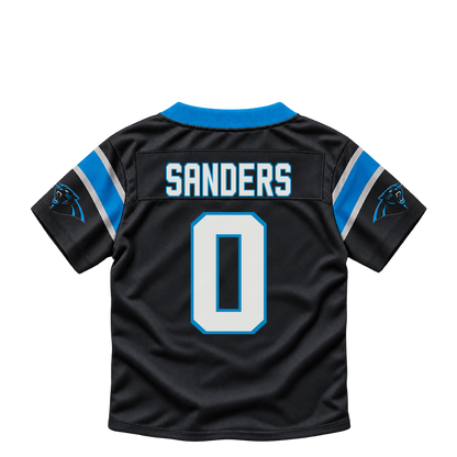 Carolina Panthers jersey keychain — Ja'Tavion Sanders #0. Exact saved player artwork preview.